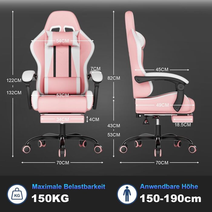 Ігровий крісло JUMMICO з масажем, ергономічний офісний стілець з підголовником, регульована спинка 90-135°, підставка для ніг, витримує до 150 кг (Рожевий, Компактний)