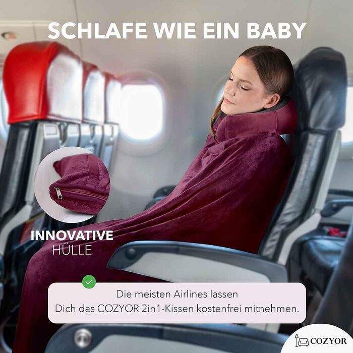 Комплект для подорожей Cozyor 4 в 1: подушка для шиї, маска для сну, надувна подушка та ковдра 2 в 1, беруші, з кріпленням для рюкзака та валізи, червоний, бордовий (Berry)