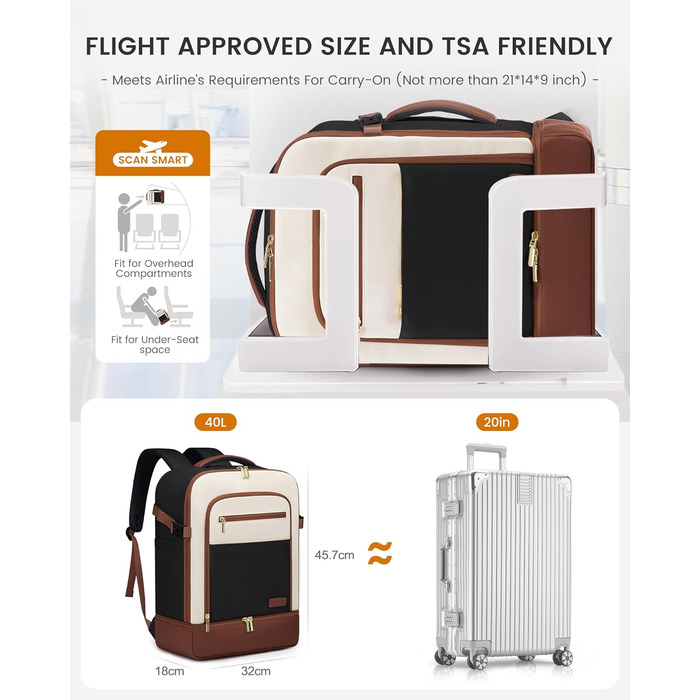 LOVEVOOK Рюкзак для ручної поклажі 40L з окремим відділенням для взуття, жіночий, для подорожей (3 шт.)