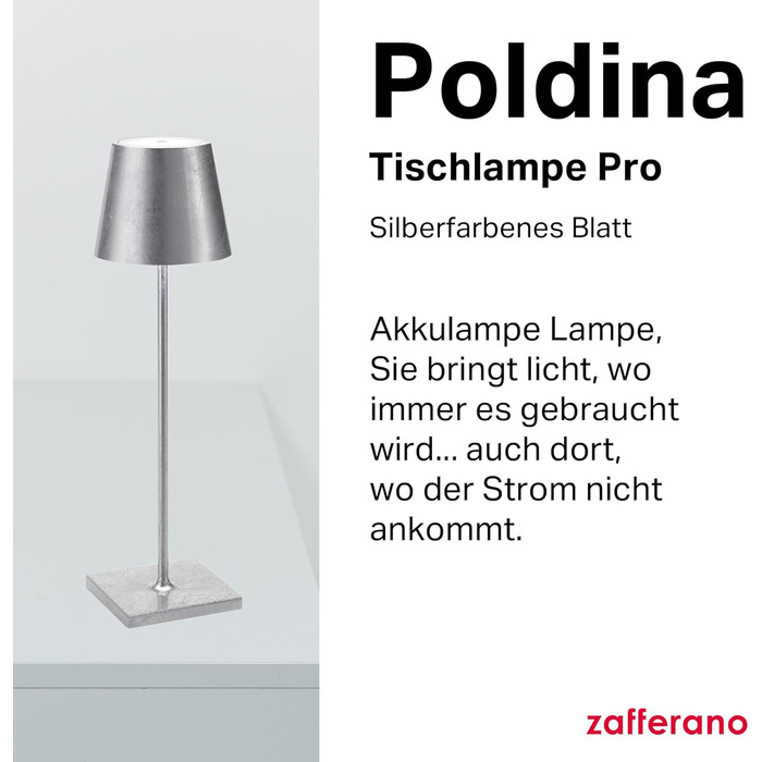 Zafferano Poldina Pro: Бездротова LED-лампа для дому з сенсорним керуванням, диммуванням, 2200-3000K, 38 см (срібло)