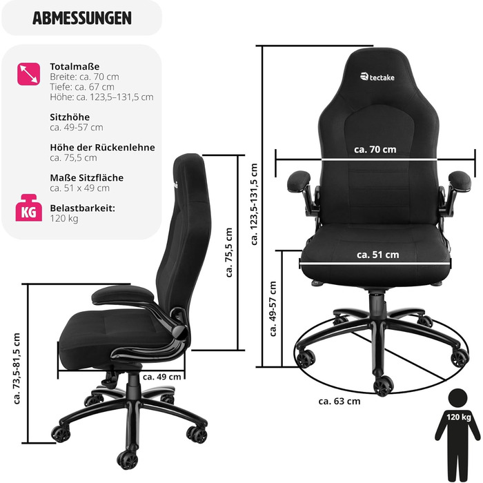 Офісний крісло tectake з регульованими підлокітниками та функцією гойдання, обертовий крісло з регулюванням висоти та роликами, крісло для керівника з тканинним покриттям, ергономічне офісне крісло, комп'ютерне крісло - чорне