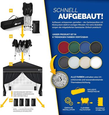 Павільйон Tillvex водовідштовхувальний з 4-ма мішками з піском | Pop-Up павільйон, стабільний та регульований по висоті | Садовий намет з UV захистом 50+ | Павільйон для вечірок з сумкою для саду (антрацит) (3x3м з 4 боковинами, 3 x 3 м, чорний, з 4 стінк