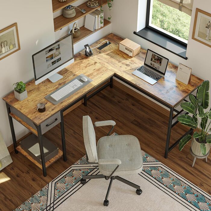 Комп'ютерний стіл CubiCubi L-подібний з розеткою, 148 x 120 см, коричневий, вінтажний, для офісу та дому