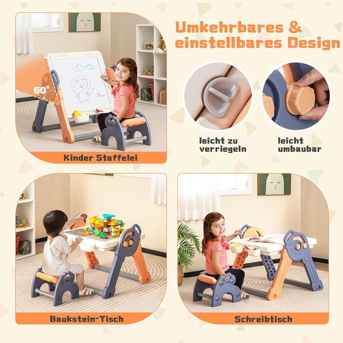 Набір DREAMADE 6-в-1 для дітей: стіл, стілець, дошка для малювання/конструктор, стіл з місцем для зберігання та 102 деталі. Для дітей від 3 років (Модель 1)