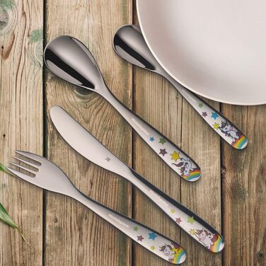 Набір дитячого столового прибору WMF Kinderbesteck з гравіюванням (4 шт.) - ідеальний подарунок на хрещення. Дитячий столовий прибор WMF від 4 років з індивідуальним гравіюванням. Подарунки на хрещення для хлопчиків