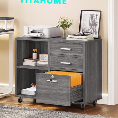 Шафа для документів YITAHOME з 3 висувними ящиками, на коліщатках, для дому та офісу, з полицями для A4, з замком, сірого кольору