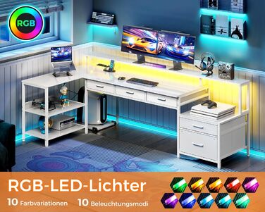 Комп'ютерний стіл кутовий Coleshome з шухлядами, 195x100 см, з розеткою, LED-підсвіткою та підставкою для монітора, реверсивний, з полицею для офісу