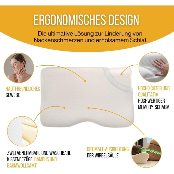 Ергономічна подушка для шиї та попереку Inphysio Luxury з гіпоалергенної пінки з ефектом пам'яті (Memory Foam), бежева, 60 x 35 x 12/7 см, 2 чохли у комплекті