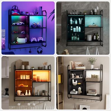 Підвісні полиці YU YUSING з RGB підсвічуванням (7 кольорів), з 8 гачками, для ігор, демонстрації, декору спальні, кухні, бару, ігрової кімнати, шестикутна форма (82.5x80x21.5 см)