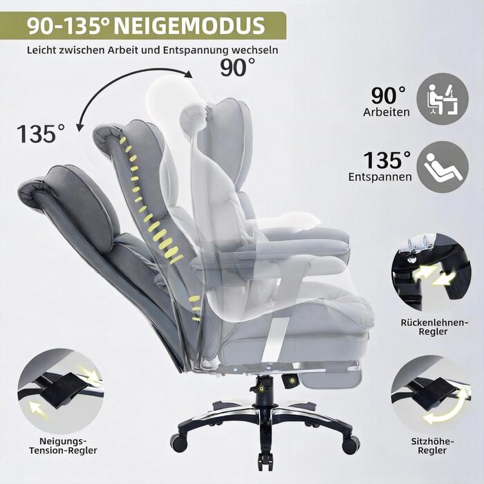 Офісне крісло Efomao X-Stickerei для дому та офісу, шкіряне (PU) для великих та високих, з регульованою спинкою, підставкою для ніг та підтримкою попереку, чорне, до 200 кг