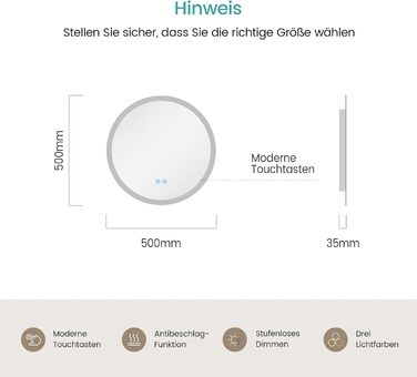 Дзеркало для ванної кімнати EMKE з підсвічуванням, 50 см, кругле, з регулюванням яскравості, 3 кольори світла, антизапарник, сенсорне управління, пам'ять налаштувань, матовий край, 50x50 см