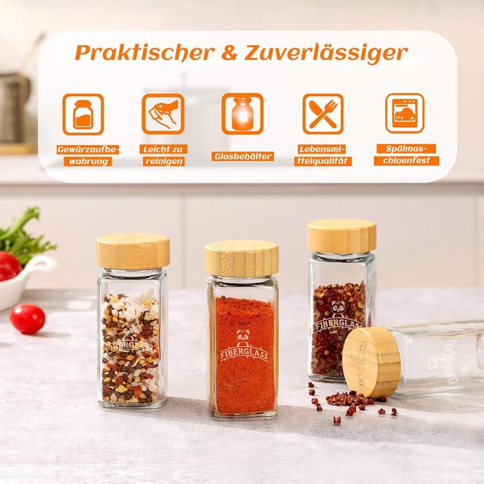 Набір скляних банок для спецій з дерев'яними кришками з акації, 24 шт по 120 мл