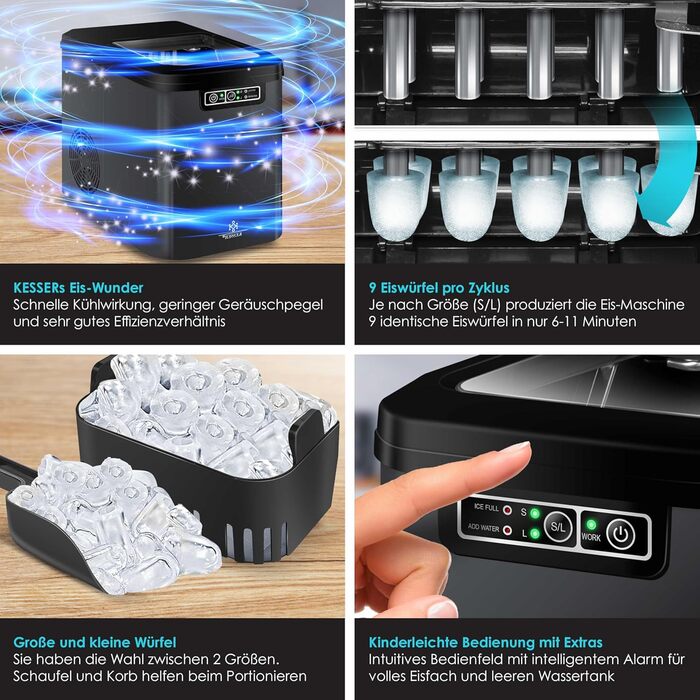 Машина для приготування льоду KESSER® з нержавіючої сталі, 12 кг/24 год, швидка підготовка (7 хв), 2.2 л бак, 2 розміри кубиків льоду, LED-дисплей, самоочищення, аксесуари, антрацит