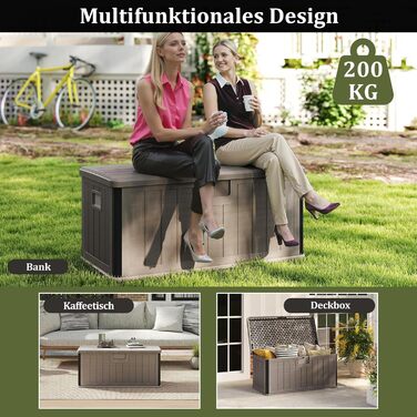 Ящик садовий COSTWAY 378 л, водонепроникний, з кришкою на замок, для подушок та інструментів, коричневий