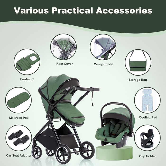 Дитяча коляска 3-в-1 | Комбінована коляска з автокріслом | Візок з регульованою ручкою | Алюмінієвий каркас | Москітна сітка | для новонароджених 0-4 роки, Зелений
