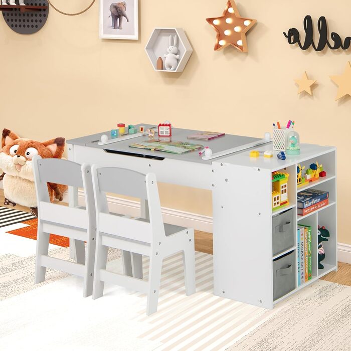 Детский стол Dreamade 3 в 1 с 2 стульями из дерева, стол для рисования с откидной столешницей и 2 тканевыми ящиками, детский столик-сидячая группа с хранением для детской комнаты (с 7 отделениями)