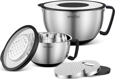 Набір місок для перемішування HAPPY KIT 18/8 з кришкою, 2 шт. (3QT, чорний). З нержавіючої сталі, з виливом, антиковзким дном та насадками для тертя.