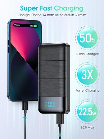 Вт, Power Bank 30000mAh USB C PD20W швидка зарядка, зовнішній акумулятор мобільного телефону Портативний зарядний пристрій з LED дисплеєм 3 виходи 2 входи Protable Mobile Power Bank Station для смартфонів, 22.5