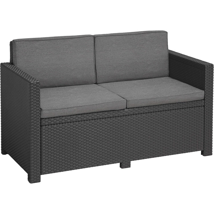 Садовий диван Allibert Victoria 2-місний ротанг сірий з подушками + садовий столик - вуличний, вологостійкий, 129x63x77 см