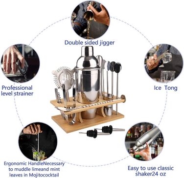 Набір для коктейлів MUOIVG, набір шейкерів для коктейлів з нержавіючої сталі, набір для бармена з 14 предметів, дерев'яна підставка і т. д., набір для коктейлів об'ємом 750 мл.