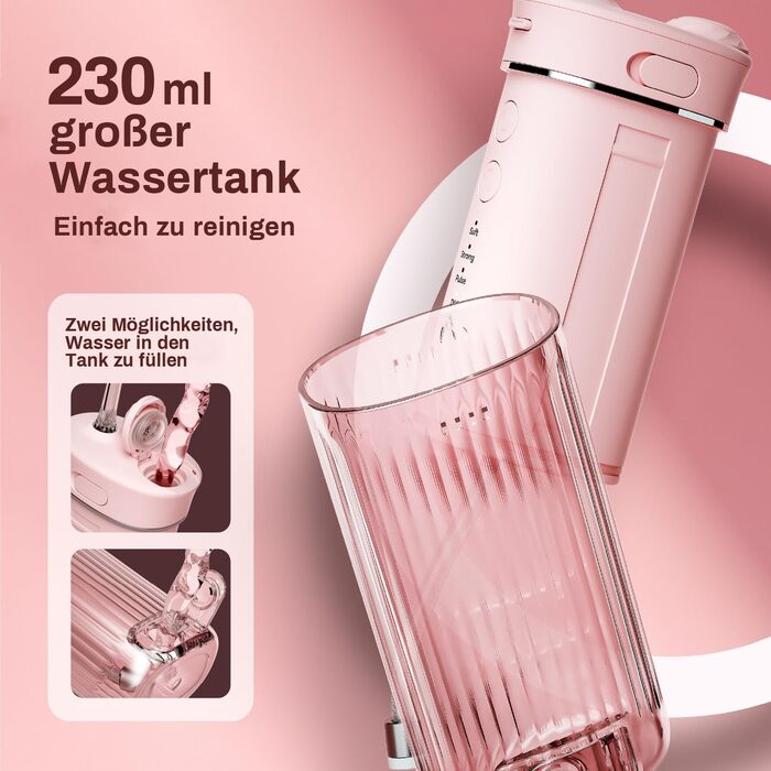 Портативний електричний іригатор для порожнини рота JTF Mini, бездротовий, для подорожей, з 5 насадками, 4 режими, 230 мл, водонепроникний (IPX7), рожевий