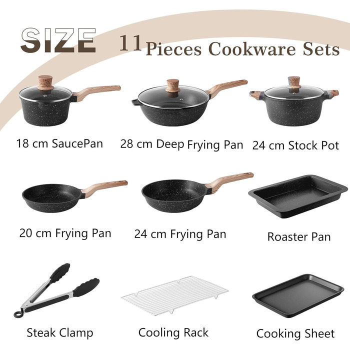 Набір посуду RIOVARM з нержавіючої сталі з антипригарним покриттям, 6 предметів: каструлі, сковороди, соусник, пательня, кришки, лопатка. Для кухні