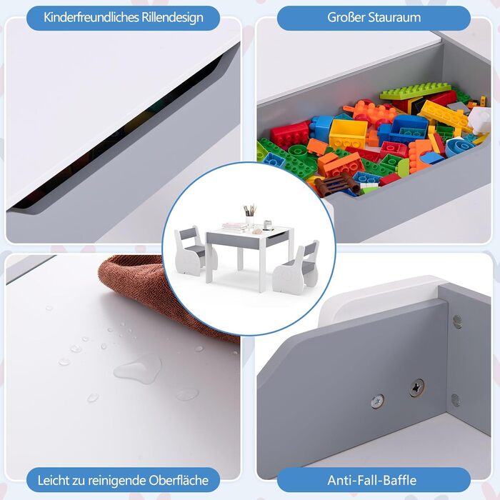 Детский стол со стульями COSTWAY 3 в 1, деревянная мебель для детей 3+, светло-серый, со съемной столешницей и местом для хранения