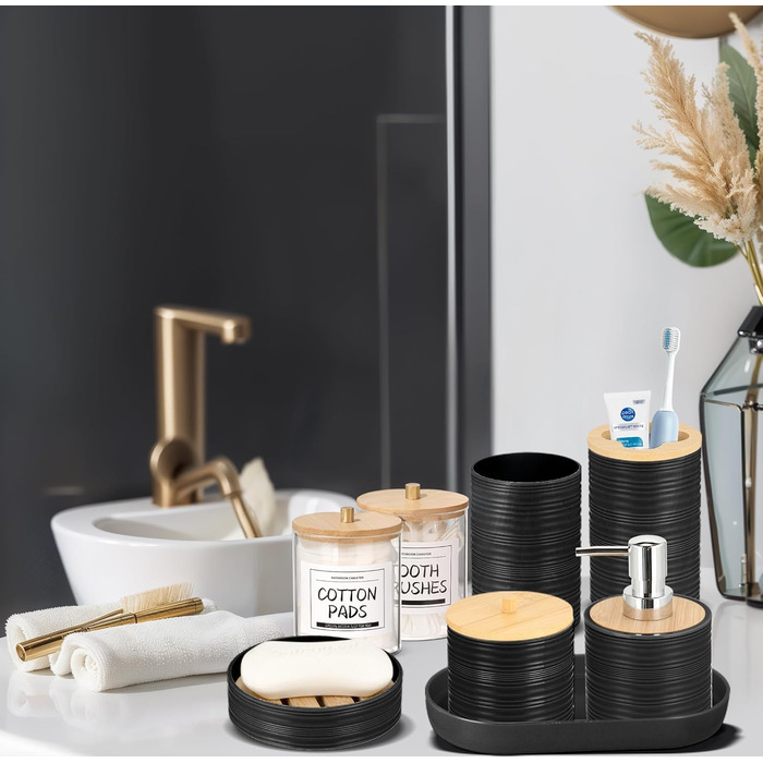 Набір аксесуарів для ванної кімнати IMAVO, 9 предметів, чорний: миска для мила, диспенсер для мила, тримач для зубних щіток, стакан для зубних щіток, тримач для туалетного йоржика, диспенсер для ватних паличок