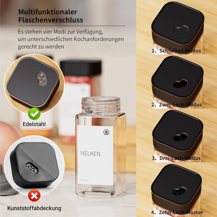 Набір контейнерів для спецій Miorkly - 24 шт. з чорними кришками з нержавіючої сталі, 120 мл, з ситечком, високоякісні, скляний органайзер з воронкою, етикетками та ручкою