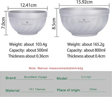 Титанові миски iBasingo з подвійними стінками 500мл та 800мл: для вівсянки, їжі, рису, супу. Легкі, портативні, металеві, для кемпінгу та подорожей