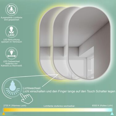 Дзеркало для ванної кімнати LED HOKO Design Turin, овальне, 45x75 см, матовий чорний каркас, сенсорне керування, LED-підсвічування, антизапарник