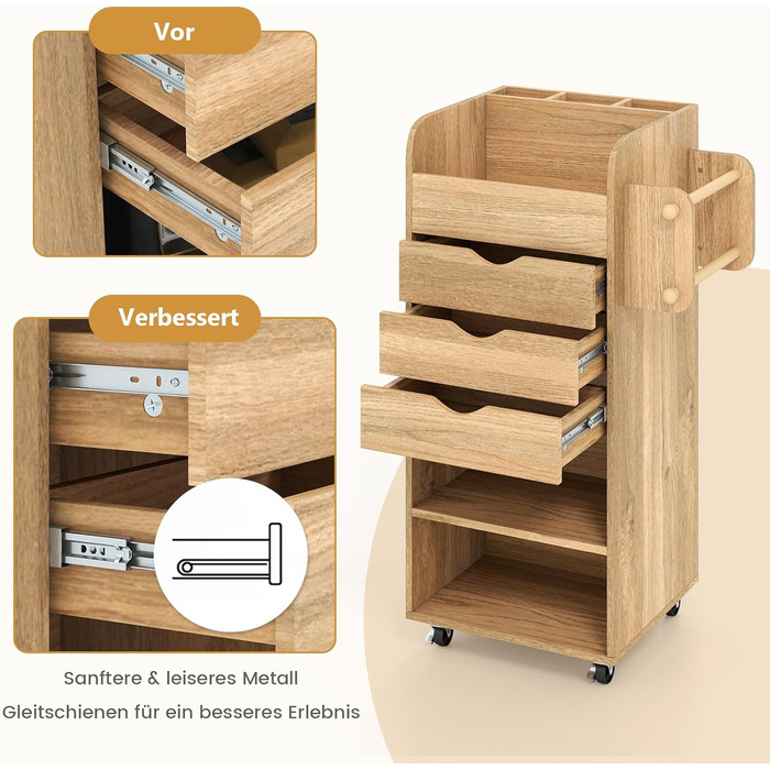 Роликовий контейнер COSTWAY з 3 висувними ящиками, візень для рукоділля з 2 стійками та 3 полицями, дерев'яний шафка на колесах, багатофункціональний візень для офісу та робочого кабінету (білий, натуральний колір)