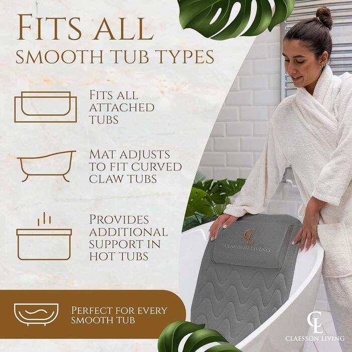 Подушка для ванни для всього тіла 125x43см - Подушка для ванни з підголовником для підтримки шиї, спини та ніг - З мішком для прання та подорожей та гачком для швидкого сушіння - Сіра