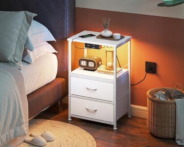 Приліжкова тумбочка Coleshome біла з USB, розеткою та LED-підсвіткою, 2 висувні ящики та полиця, для невеликих спалень, 40x30x60 см, в упаковці 1 шт.