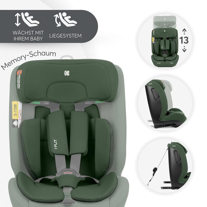 Автокрісло KikkaBoo i-Size i-FLIT 9-36 кг ISOFIX, група 1/2/3, 15 міс. - 12 років, з SPS та Top Tether, регульована підголовник, військовий зелений