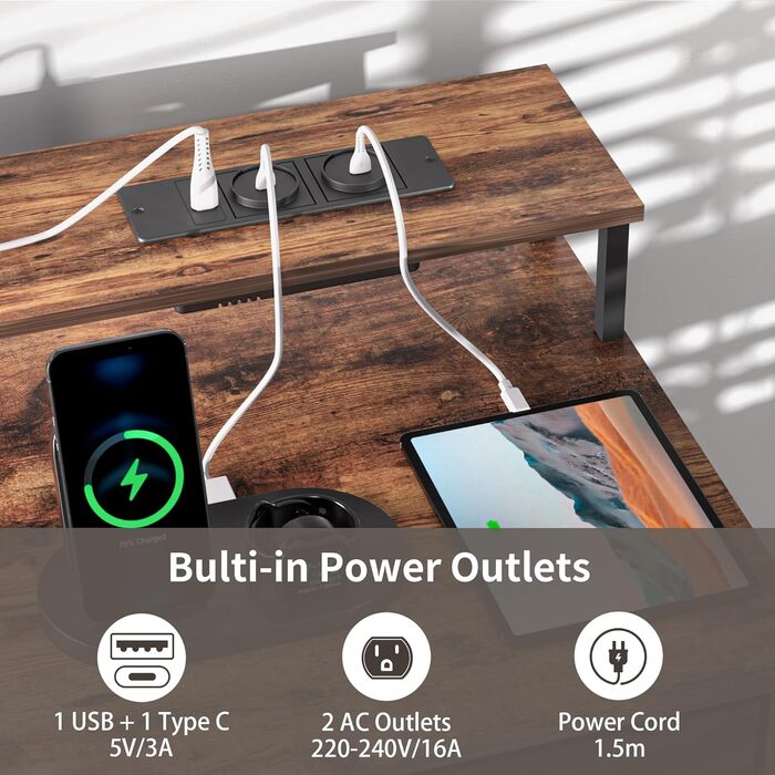 Ігровий стіл BEXEVUE з розетками та LED-підсвіткою 120x50 см - сучасний комп'ютерний стіл з підставкою для клавіатури, 4 висувні ящики, велика полиця для навчання, ігор та роботи. Колір: коричневий