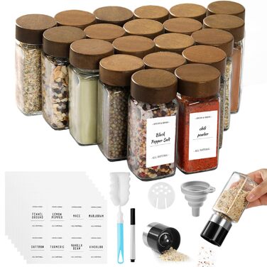Набір скляних банок для спецій FRIBERG (20 шт.) з дерев'яними кришками, млини для спецій, етикетки