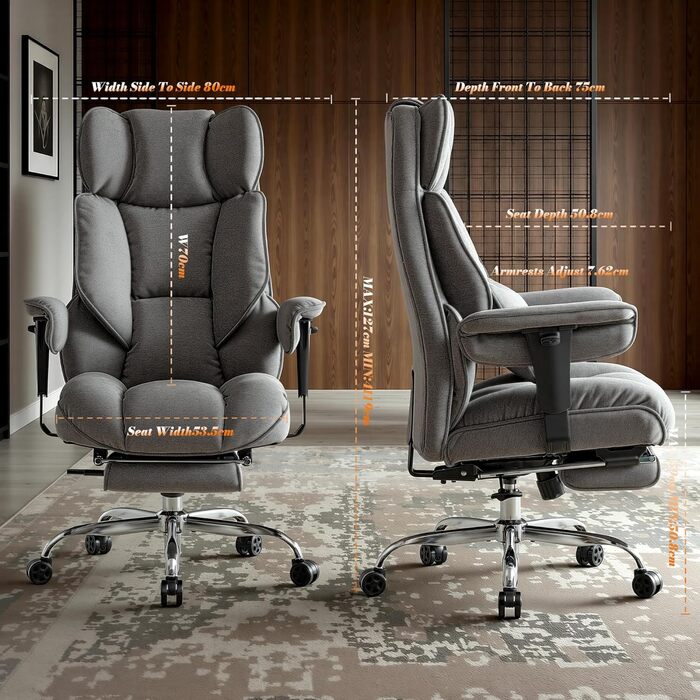Офісний крісло Efomao XXL до 200 кг, важке, тканинне, з підставкою для ніг, ергономічне для комп'ютера з високою спинкою, похиле для дому/офісу, з товстою м'якою оббивкою (Сірий)