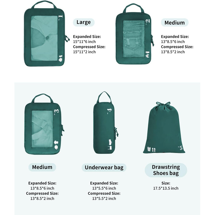 Набір компресійних органайзерів для подорожей ECOHUB, 5 предметів, для валізи та рюкзака, темно-зелений