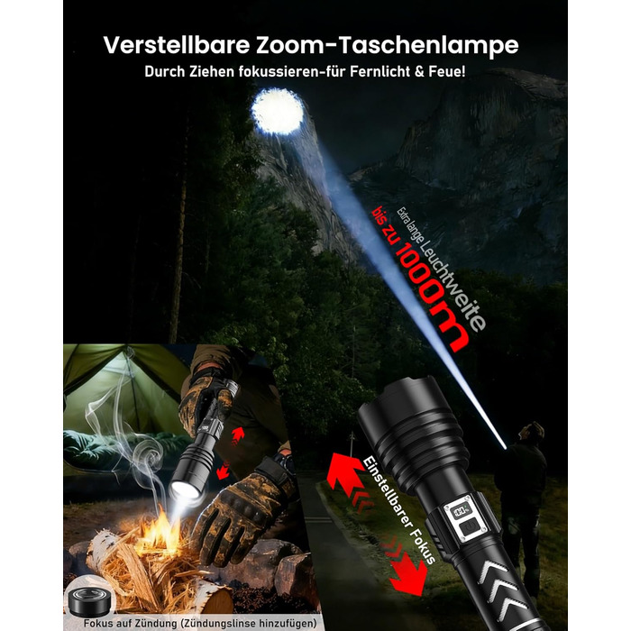 Потужний тактичний ліхтарик Shadowhawk LED 1 000 000 Лм, 50Вт, акумулятор 6000mAh, дальність 1000м, LCD-дисплей, функція розпалювання вогню, чорний — для кемпінгу та виживання