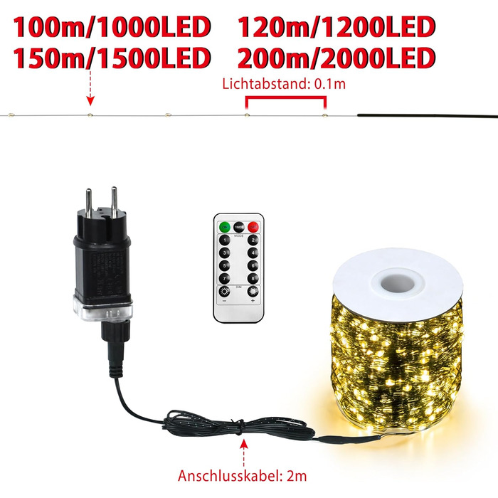 Льохтерна LED 100м з мідного дроту, 1000 LED, 8 режимів, IP44 (водостійка), з пульт та таймером, для прикраси на Різдво, в приміщенні та на вулиці, DIY, тепле біле світло