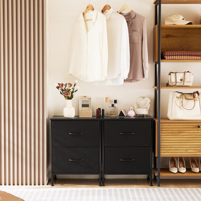 Набір приліжкових тумбочок DUMOS, 2 шт. з шухлядами, стилі індустріальний, для спальні, вітальні, дитячої, передпокою, білий/чорний