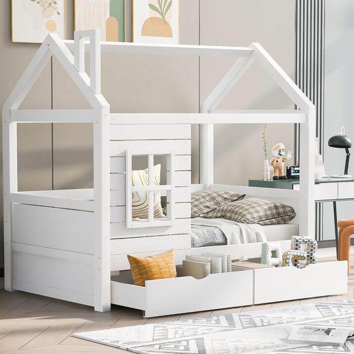 Дитяче ліжко 80x160 см з ящиками та віконцем, масивне дерев'яне ліжко з бортиками та ламелями, ліжко-будиночок для хлопчиків та дівчаток, ліжко-будиночок, ліжко для підлітків, без матраца, біле