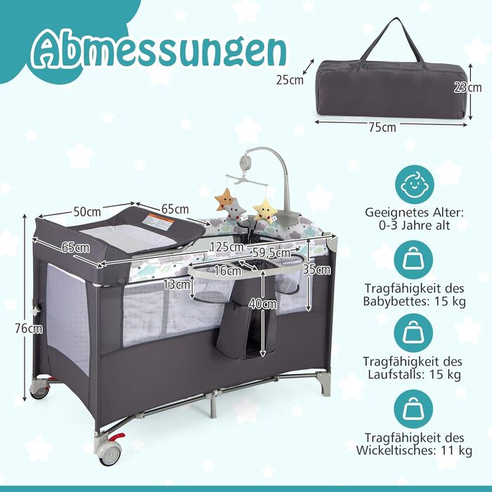 Дитяче ліжко-манежа Dreamade 120 x 60 см з колесами, 4 в 1: ліжко, манежа, пеленальний столик, туристичне ліжко для новонароджених (Сірий)