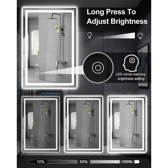 Дзеркало для ванної кімнати Habison з підсвічуванням LED, 50x70 см, сенсорне керування, димування, 3 колірні температури, функція пам'яті, проти запотівання, Bluetooth, матова центральна частина