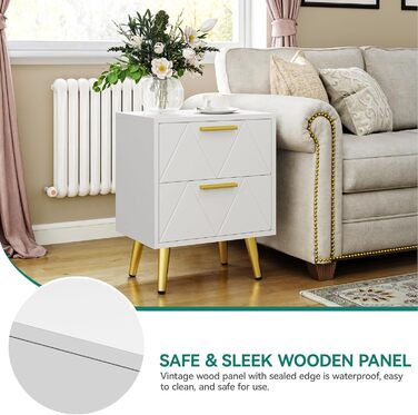 Приліжкові тумбочки YITAHOME (2 шт.) з 2 шухлядами, білі, з золотими ніжками, 40 x 30 x 52 см
