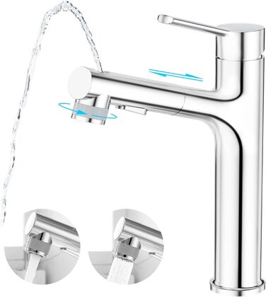 Сучасний змішувач для ванної кімнати CREA з висувною лійкою, 2 режими струменя, з міді, хром, для умивальника