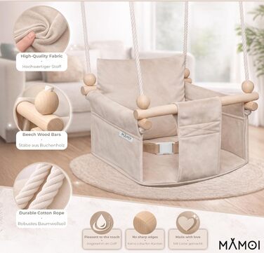 Дитяча гойдалка-крісло MAMOI® для дому, дерев'яна гойдалка для малюків, бежева (Scandi) для дверного отвору