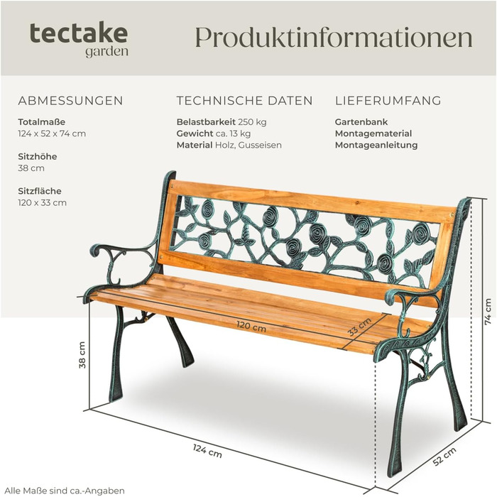 Гарна лавка для саду Tectake на 2 місця, з дерева, у стилі кантрі, для тераси, балкона або саду. Розміри: 119,5 x 62 x 83 см (модель 'Michaela')