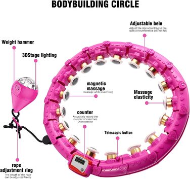 Розумна обручка Wepai для дорослих, обруч з вагою з магнітною подушкою для масажу, 24 регульованих рахункових обруча зі світлодіодними гравітаційними кульками для тренувань, фітнесу, схуднення (фіолетовий)